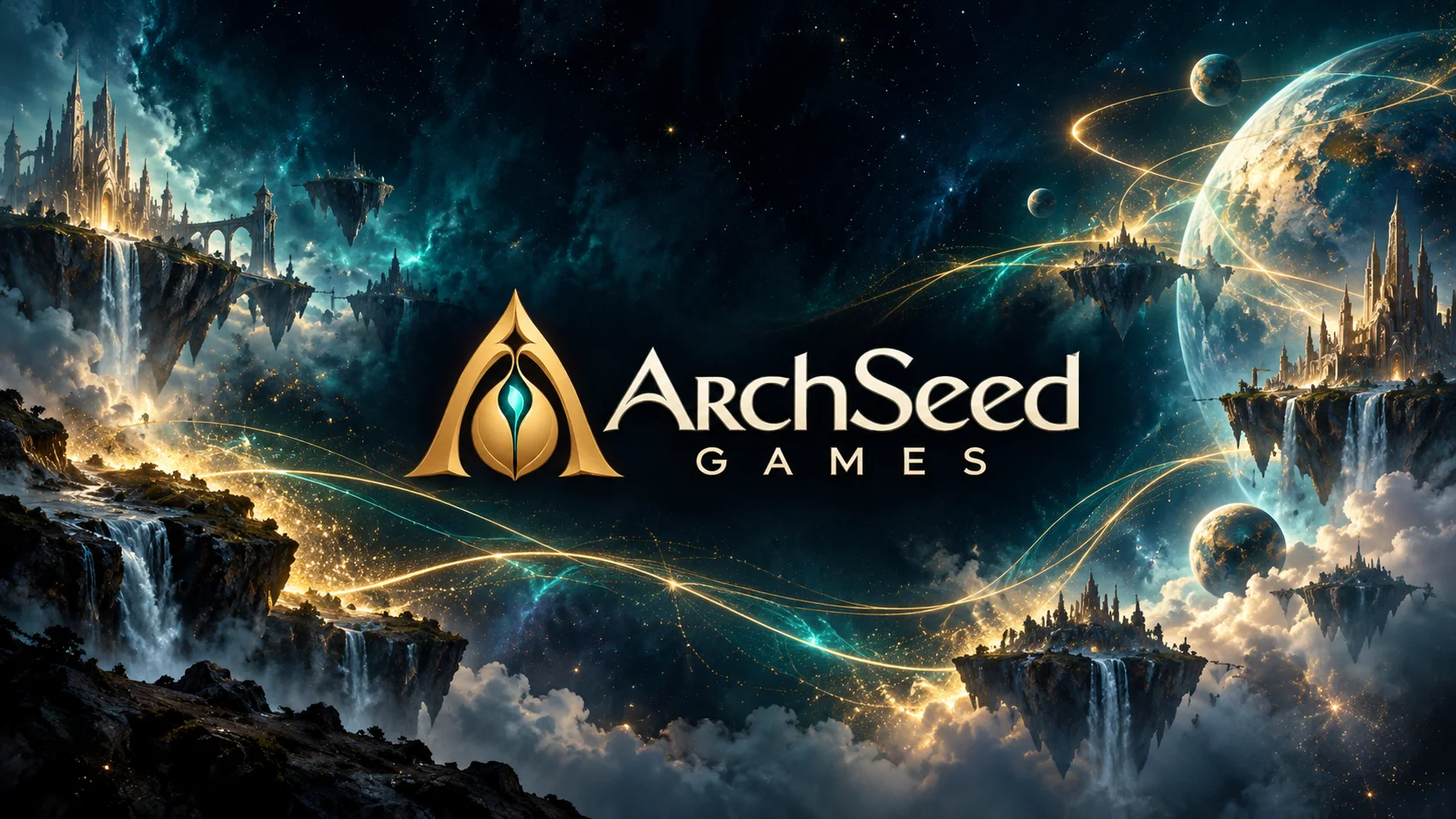 The ArchSeed Games golden seed surrounded by a fantasy world